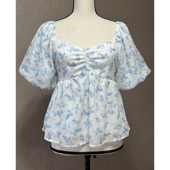 Altar 'D State Women's Embroidered Floral Top Crop Smocked Balloon Sleeve Large - Picture 1 of 16